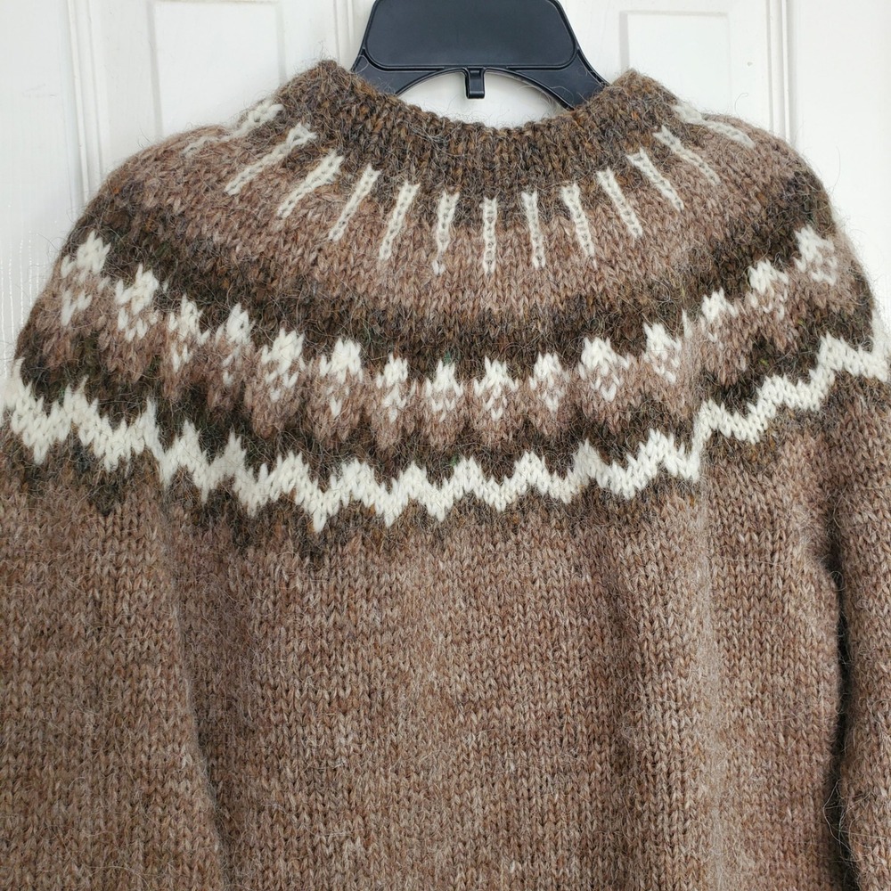 Hand Knit Wool Icelandic Yoke Sweater Brown Fair Isle Nordic Crew Neck Womens S